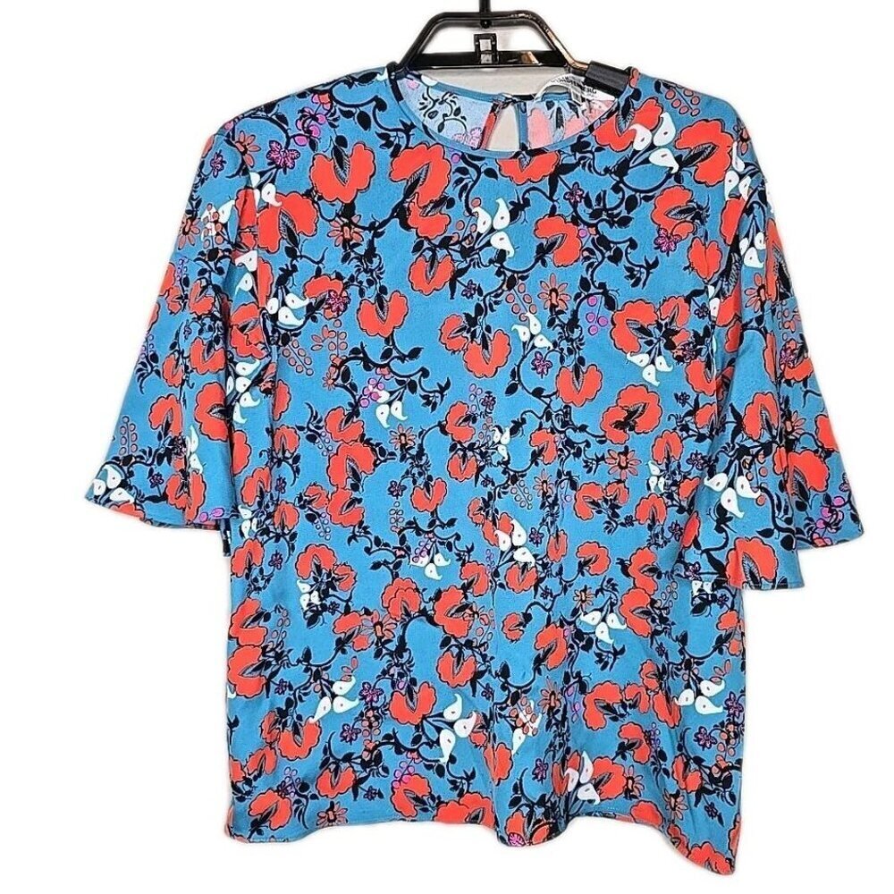 DVF Diane Von Furstenberg Arlene Top Women's Blue Floral Shirt Size Small t75